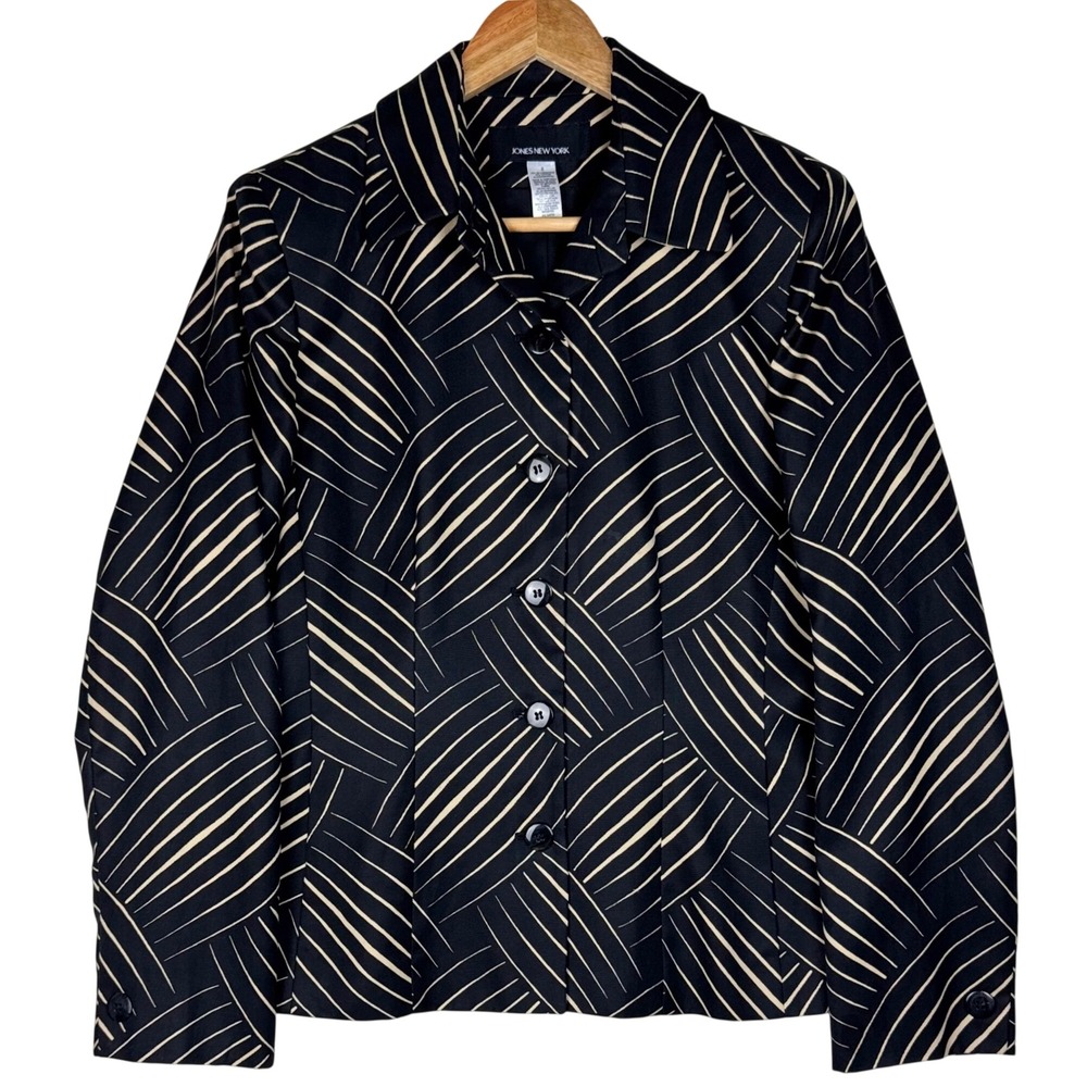 Jones New York Blazer Geometric Silk Blend Career Womens 8 Black Cream Office